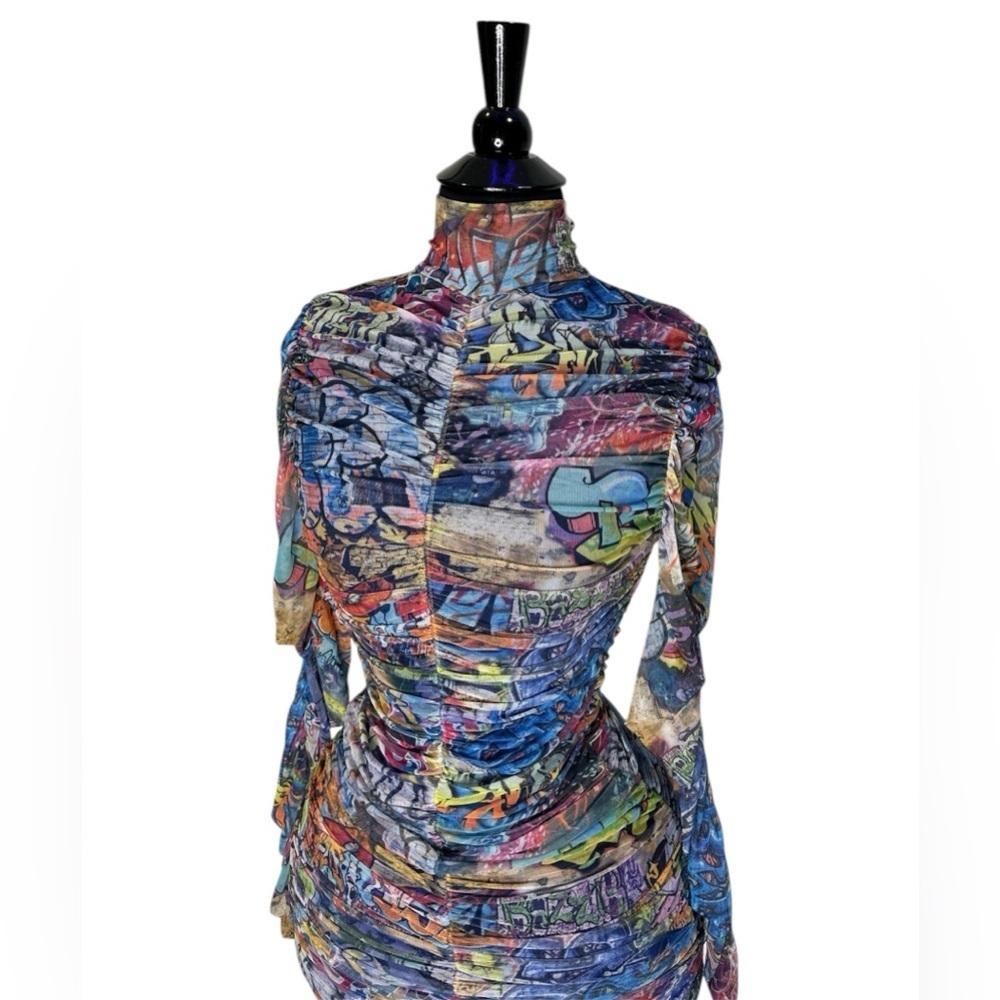 Shelly Colorful Abstract Long Sleeve Sheer Mesh Dress - Picture 2 of 12